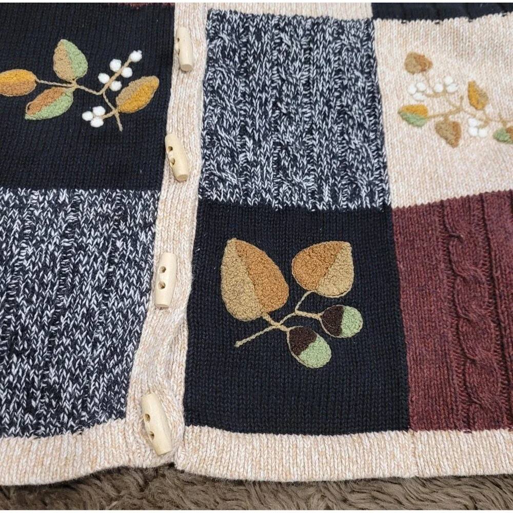 Vintage Cabin Creek Fall Sweater Size Small Toggle Cottagecore Leaves Patchwork